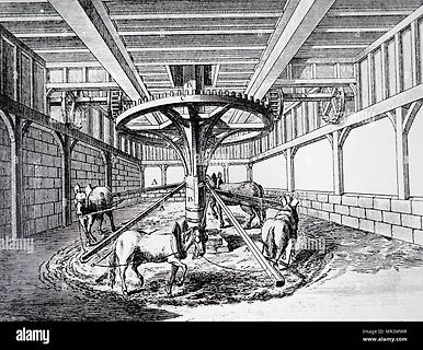 Historische Illustration eines Pferdemahlwerks