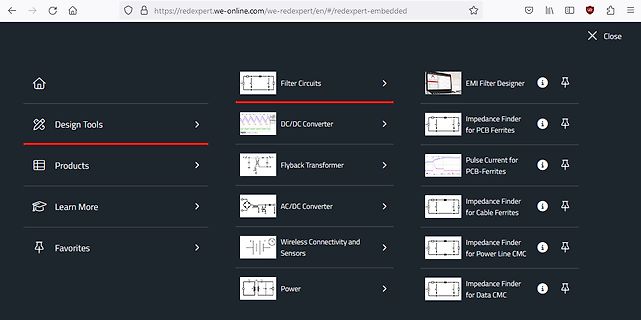 Menü einer Online-Plattform für Elektronik-Design-Tools