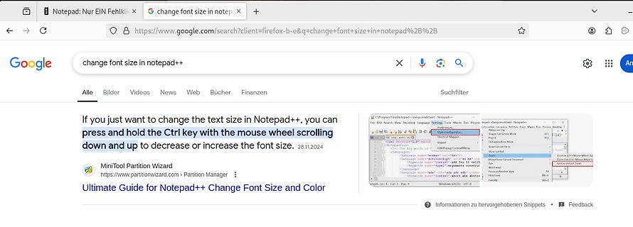 Google Suchergebnisse zu Notepad++ Schriftgröße