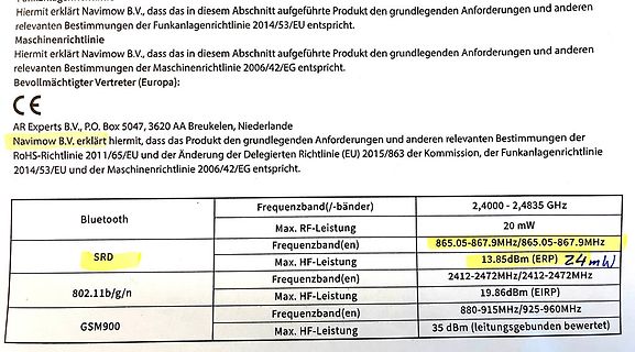 Ausschnitt einer Konformitätserklärung und Funkparameter-Tabelle