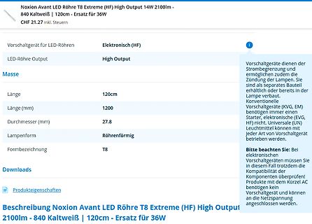 Produktdatenblatt einer Noxion Avant LED Röhre