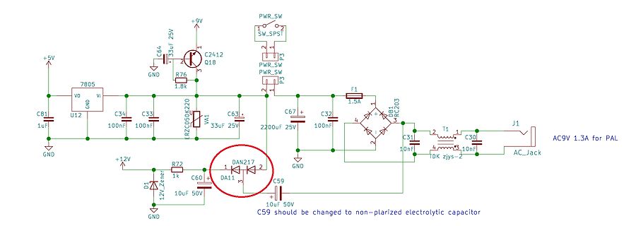 Schaltplan eines Netzteils mit Spannungsregler und Diode