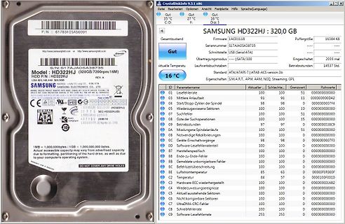 Screenshot der Software CrystalDiskInfo mit Festplatteninformationen