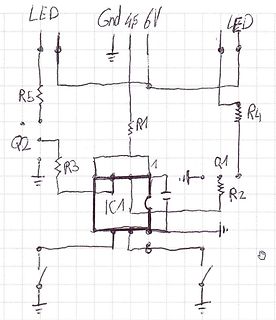 Handgezeichneter Schaltplan mit IC, Transistoren und LEDs