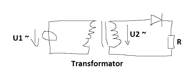 Handgezeichneter Schaltplan eines Transformators mit Gleichrichter und Last