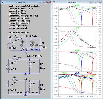 Schaltplan und Frequenzgang-Diagramme einer Simulation