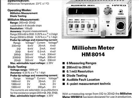 Datenblattseite eines Milliohm Meters HM 8014