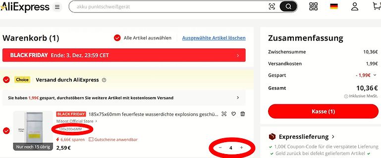 AliExpress Warenkorb mit einem Artikel