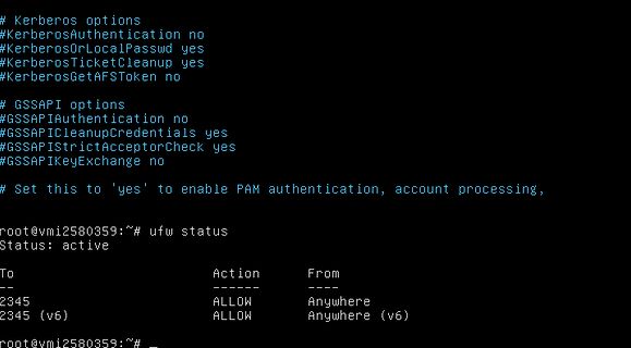 Terminal-Ausgabe von Kerberos-Optionen und UFW-Status