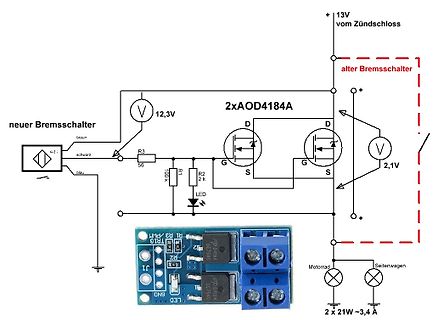 Kombination aus Schaltplan und Foto eines Relaismoduls