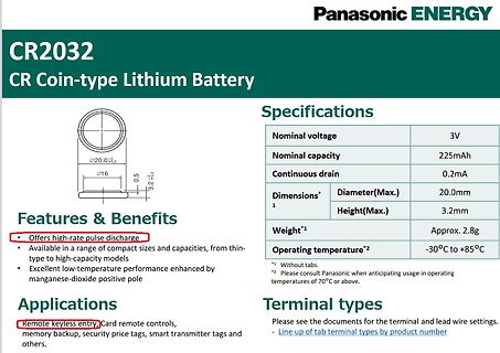 Datenblatt Panasonic CR2032 Lithium-Knopfzelle