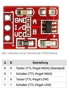 TTP223-Modul mit Lötbrücken und Konfigurationstabelle