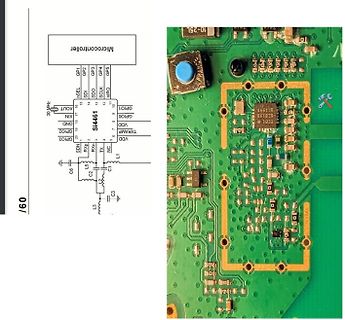 Schaltplan und Foto eines Si4461 Funkchips auf Platine