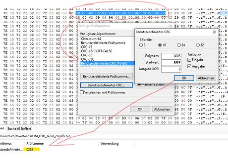 Hexadezimal-Daten mit Dialogfenster für benutzerdefiniertes CRC