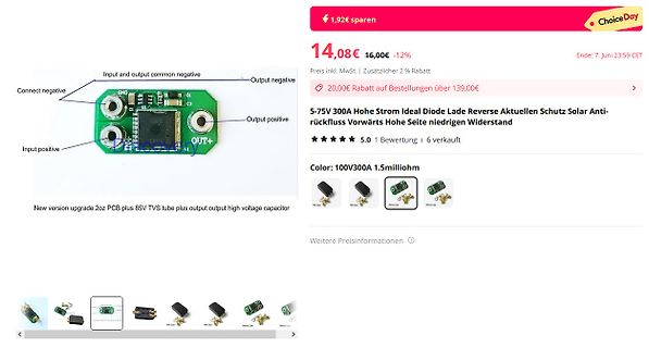 Screenshot eines Online-Verkaufsangebots für eine Schutzdiode