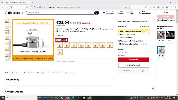 AliExpress Produktseite für eine Wägezelle