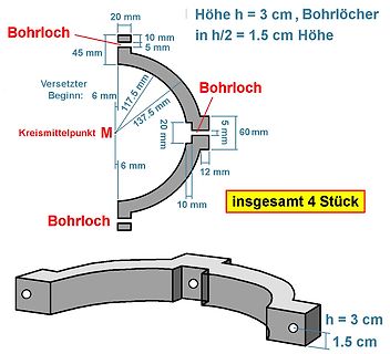 Technische Zeichnung eines gebogenen Bauteils mit Bohrungen
