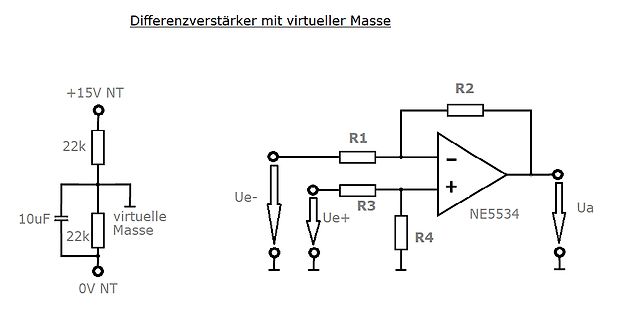 Schaltplan Differenzverstärker mit virtueller Masse