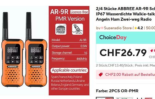Produktseite eines ABBREE AR-9R Walkie-Talkies