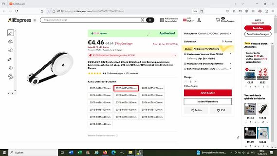 AliExpress Produktseite für Zahnriemen