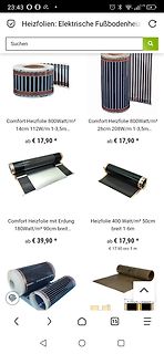Webshop-Ansicht für elektrische Heizfolien