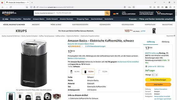 Amazon-Produktseite einer Amazon Basics Kaffeemühle