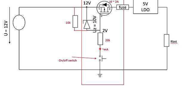 Schaltplan einer Spannungsregelung mit Zener-Diode und LDO