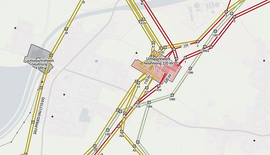 Karte eines Umspannwerks und Stromleitungen