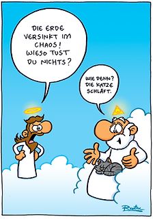 Comic von zwei göttlichen Figuren mit Katze