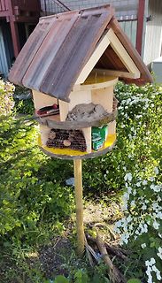 Holz-Vogelhaus auf einem Pfahl im Garten