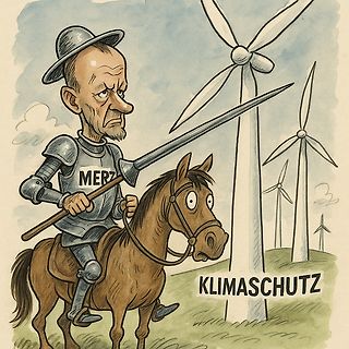 Karikatur eines Ritters mit Windrädern