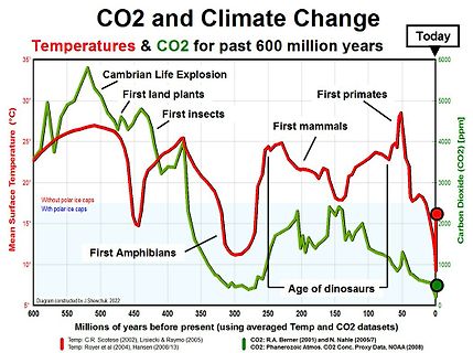Diagramm von CO2 und Temperatur über 600 Millionen Jahre