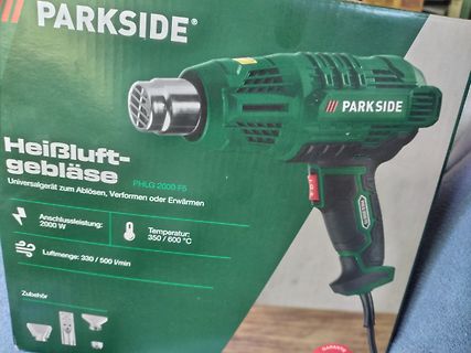 Verpackung eines Parkside Heißluftgebläses