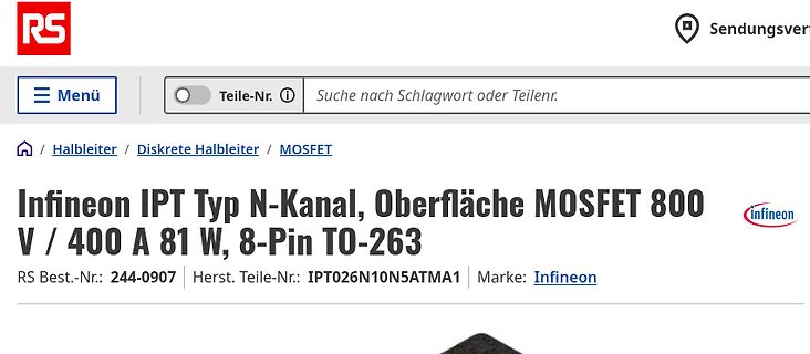 Webseite eines Elektronik-Händlers mit MOSFET-Produktinformationen