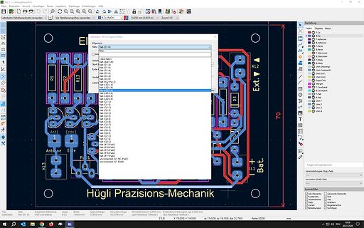 CAD-Ansicht eines Leiterplatten-Layouts mit Netzauswahlmenü