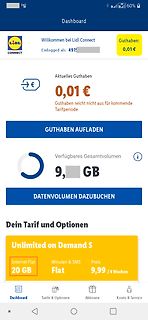 Screenshot der Lidl Connect App Dashboard