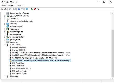 Windows Geräte-Manager mit USB-Fehlermeldung