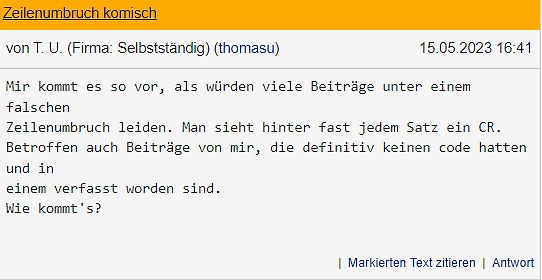 Screenshot eines Forenbeitrags über Zeilenumbrüche