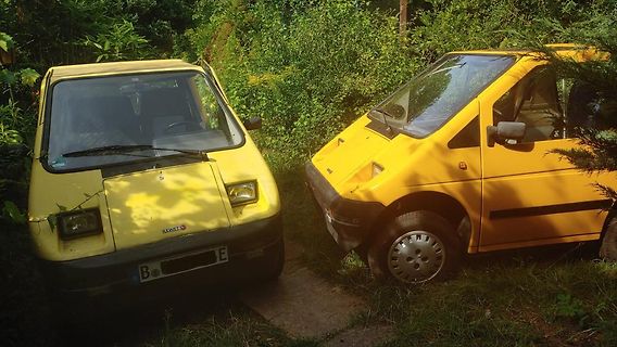 Zwei gelbe Microcars im Gebüsch