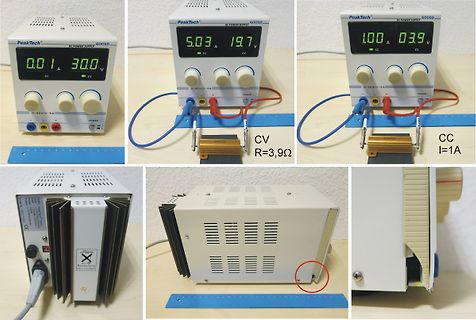 Labornetzteil PeakTech 6005D mit Messwerten und Anschluss