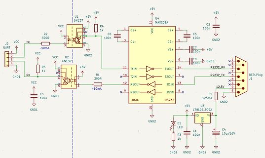Schaltplan einer RS232-Schnittstelle mit Optokopplern und MAX232