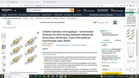 Amazon-Produktseite für U-Rollen Seilrollen