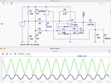 Schaltplan und Oszilloskop-Simulation eines Oszillators