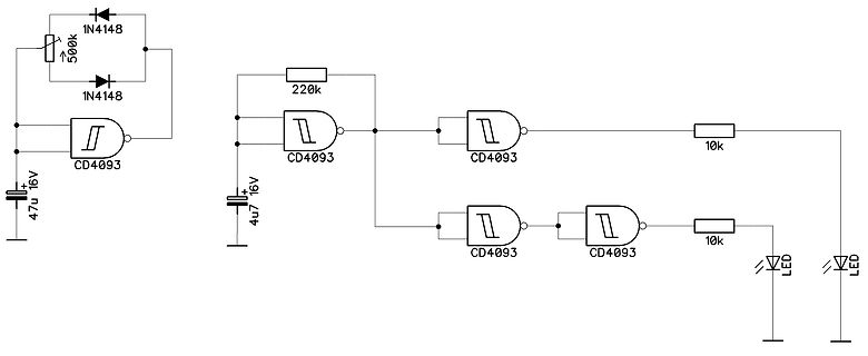 Schaltplan mit CD4093 NAND-Gates und LEDs