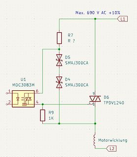 Schaltplan einer Elektronikschaltung mit Optokoppler und Dioden
