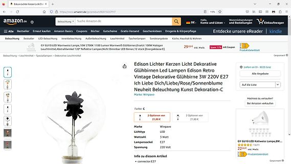Amazon-Produktseite einer Edison LED-Glühbirne