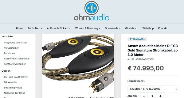 Webseite eines HiFi-Shops mit Stromkabel