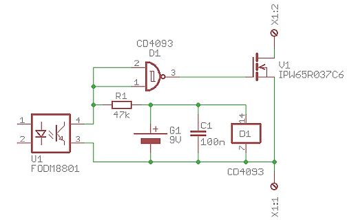 Schaltplan mit NAND-Gatter, MOSFET und Optokoppler