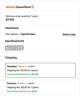 Alibaba Produktseite mit Preis und Versandoptionen
