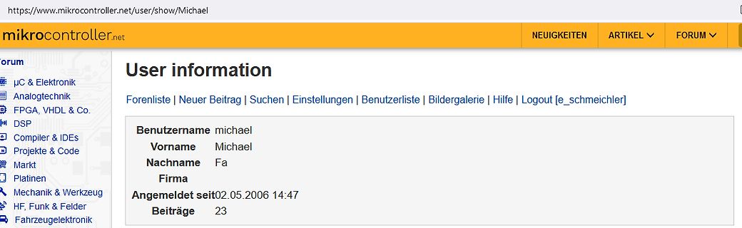 Benutzerinformationen eines Forenmitglieds auf mikrocontroller.net